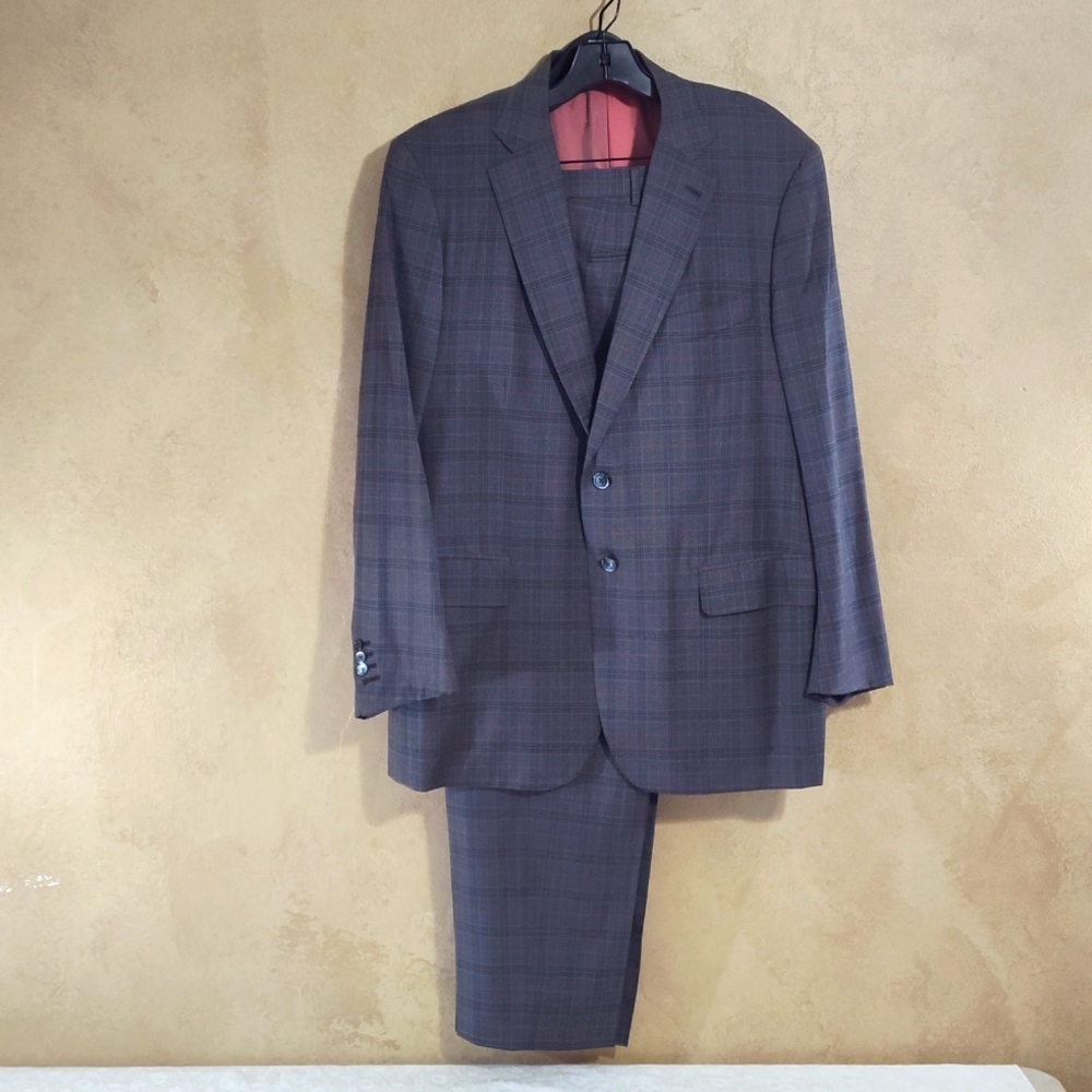 Isaia Gray and Red Plaid Aquaspider Super 160s Suit Eu58 Us48